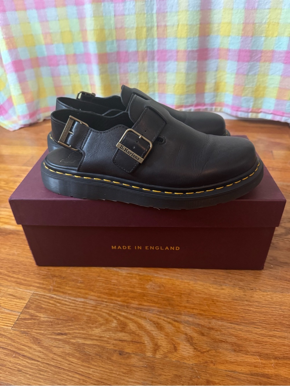 Dr. Martens Black Leather Buckle Clogs with Yellow Stitching